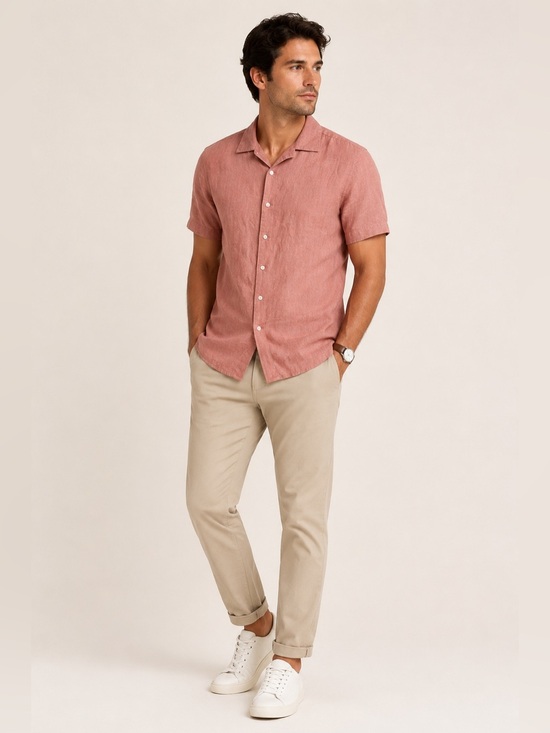 Kenneth Cole Other - Kenneth Cole Men’s Pink Slim Fit Short Sleeve Button-Up Shirt Large Linen